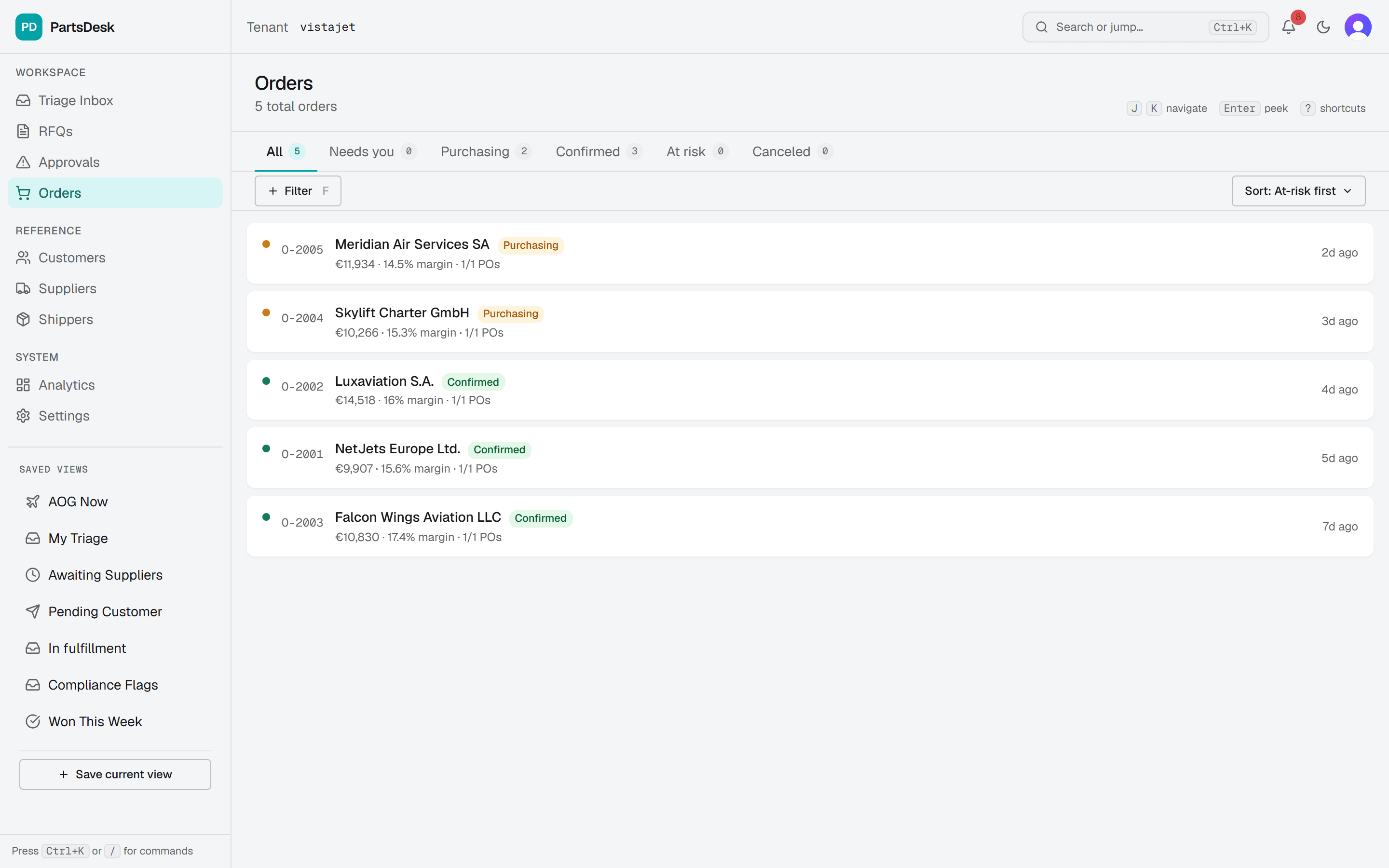 PartsDesk orders — won deals moving through fulfillment with supplier POs and tracking.