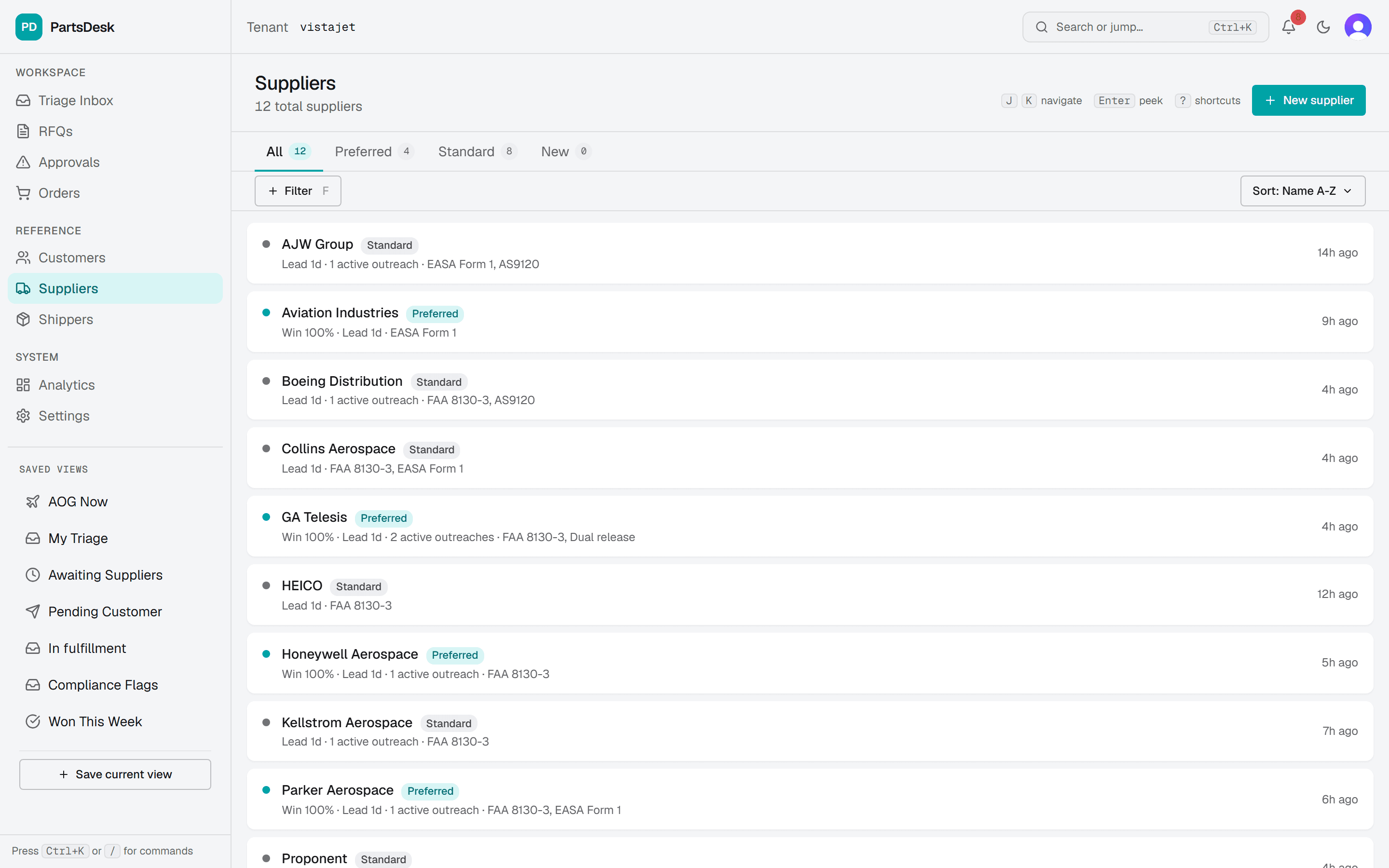PartsDesk suppliers — your network with certs, lead times and win rates.